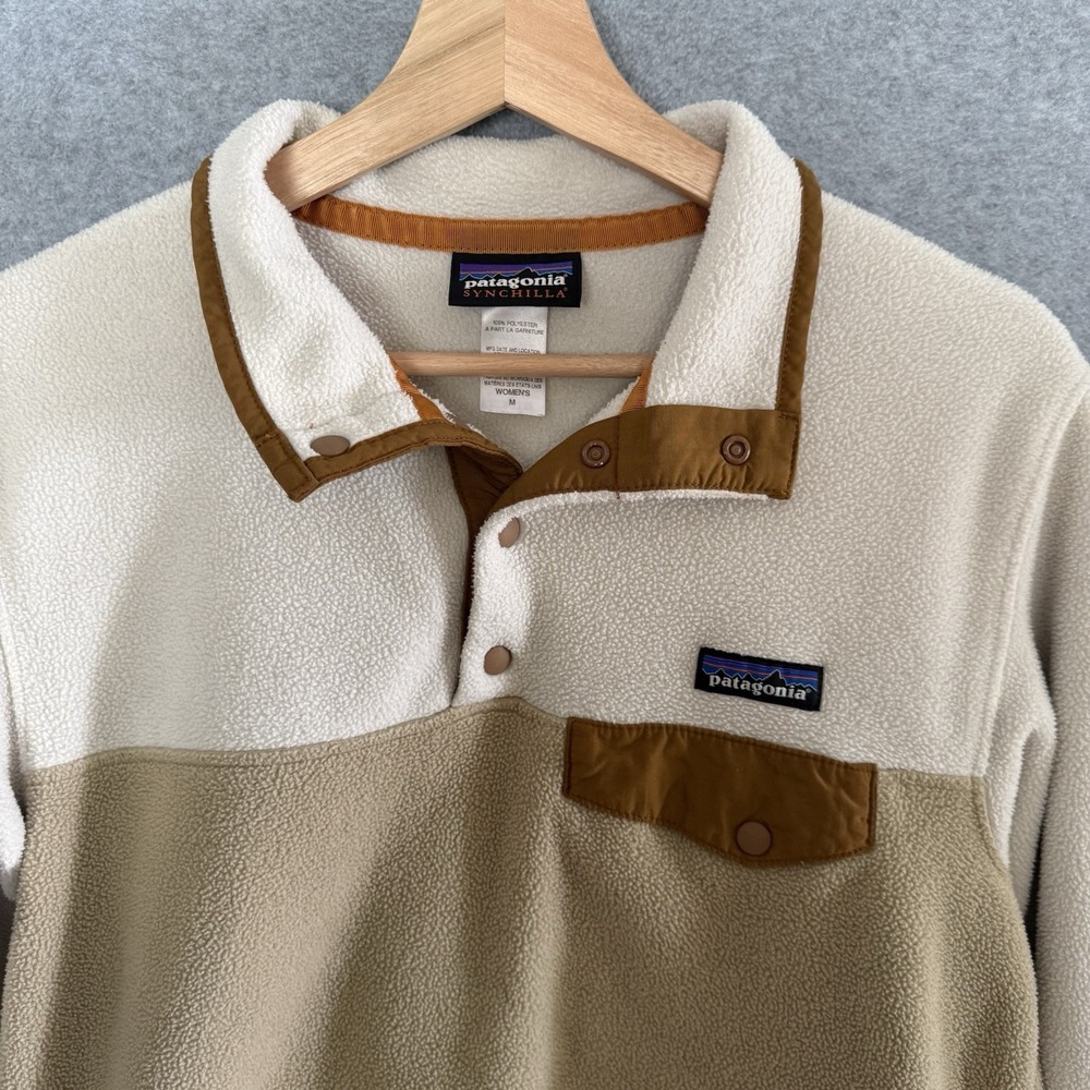 Patagonia Sweater Womens Medium White Tan Synchilla Snap-T Fleece Pullover - Picture 2 of 9